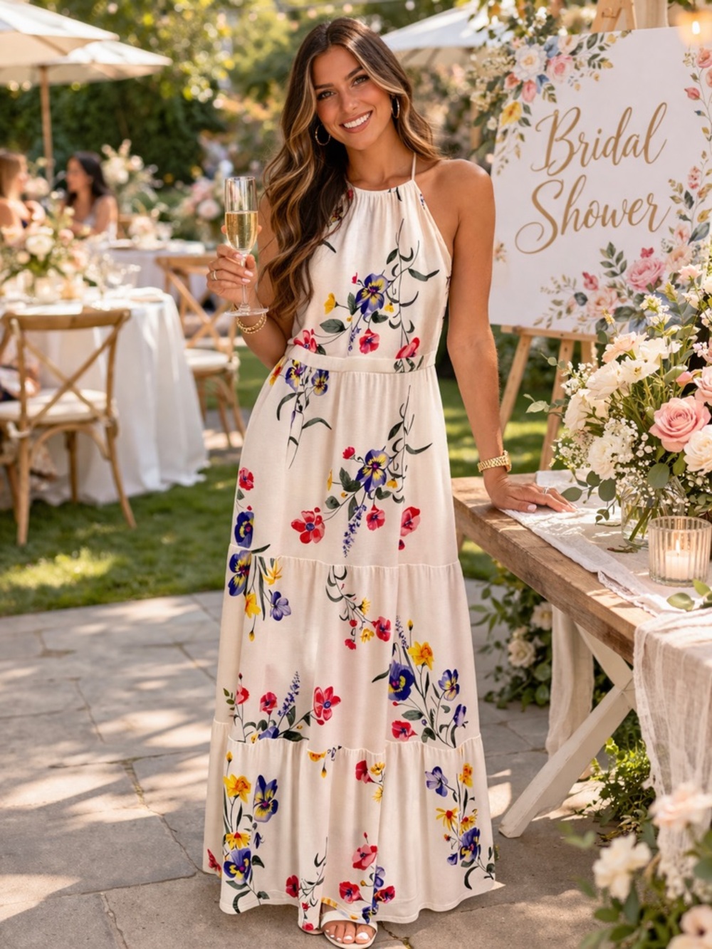 Old Navy Ivory Floral Feminine Tiered Tank Cut Keyhole Back Maxi Dress Shower